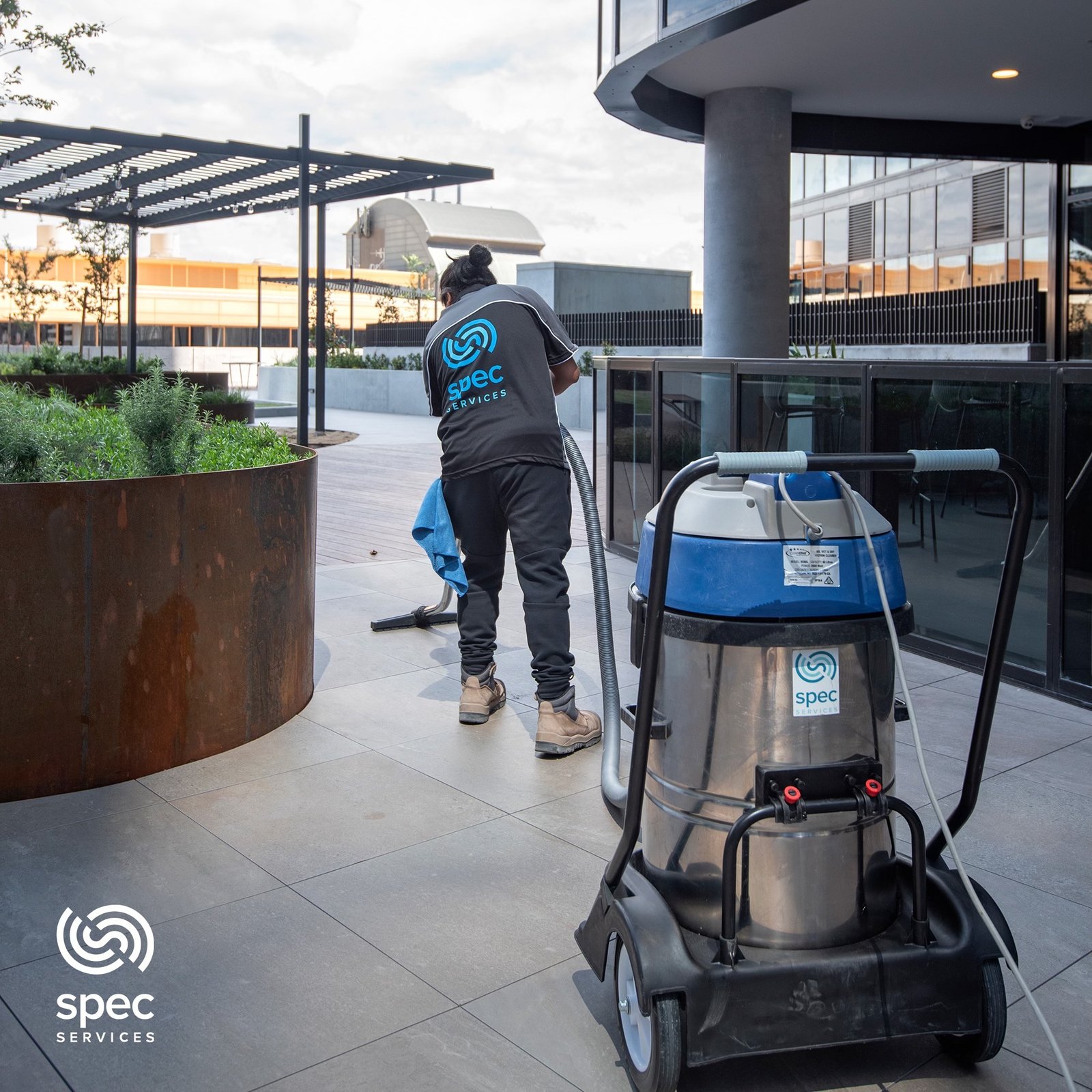 Cleaning outdoor areas at a school campus