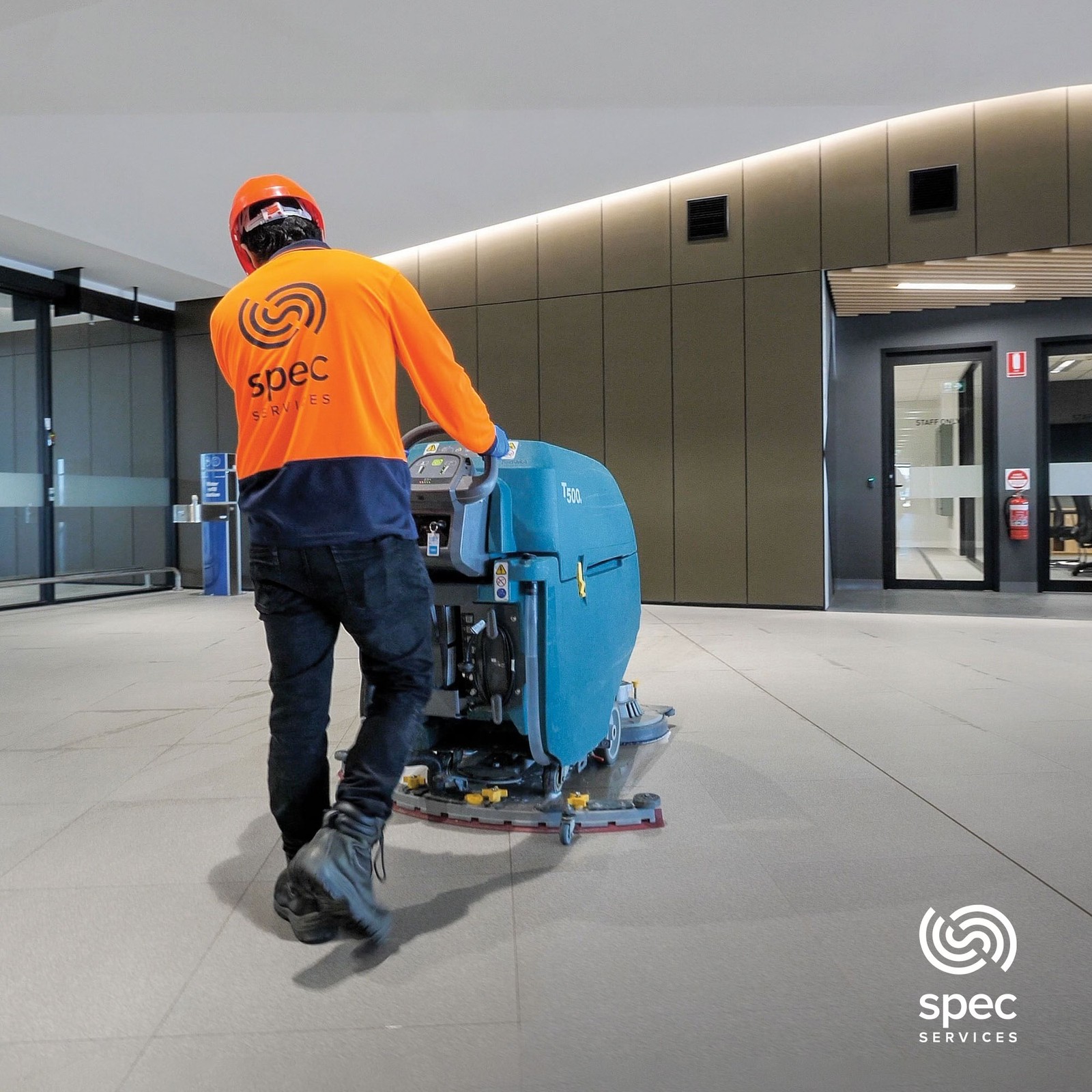 Commercial floor cleaning machine in a restaurant environment