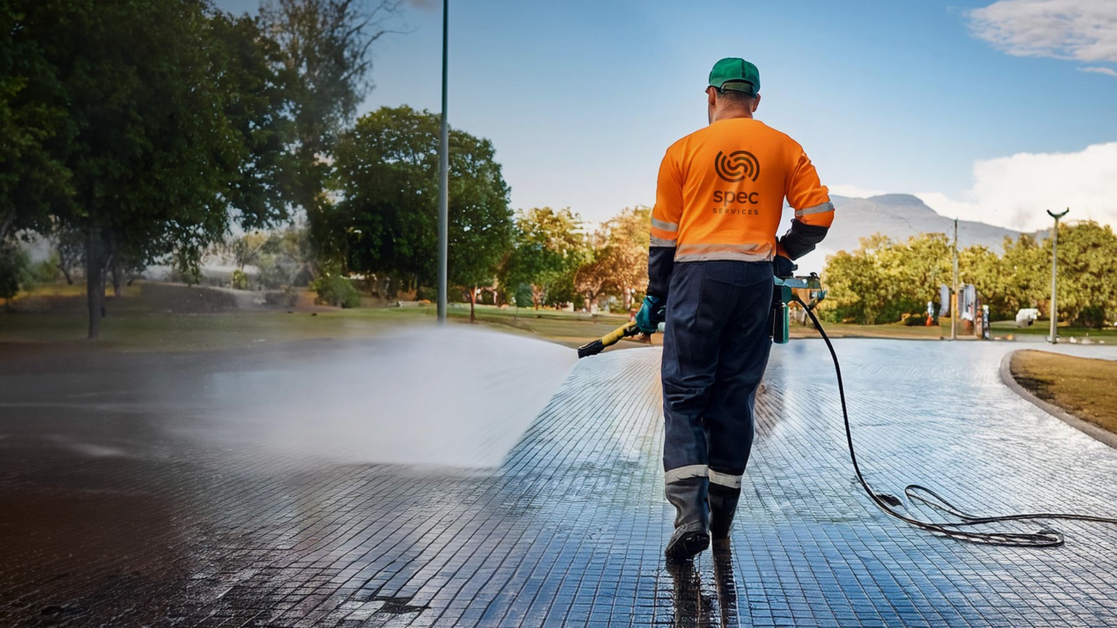 Pressure washing a pathway as part of construction cleaning