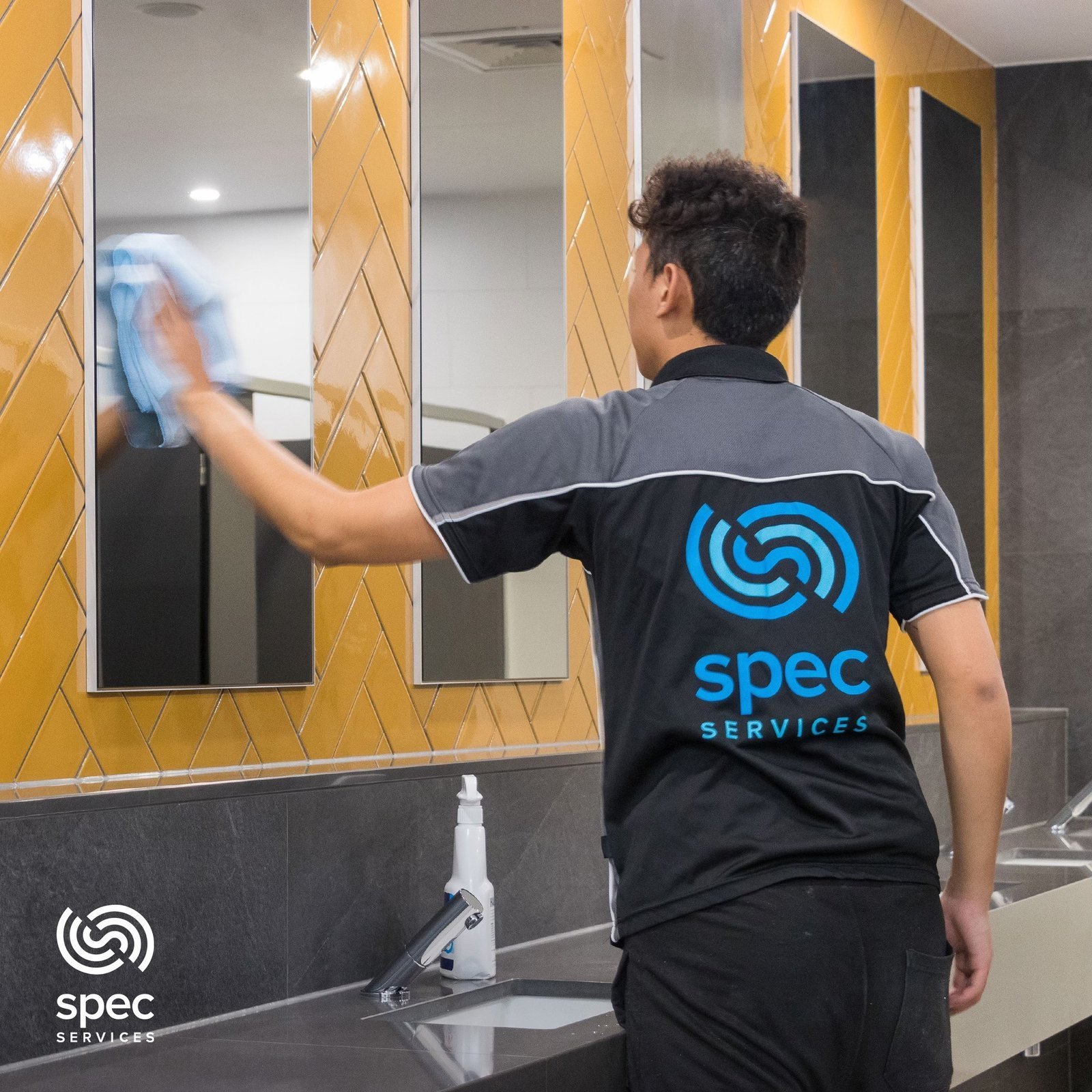 Cleaning inside a gym bathroom and amenity area