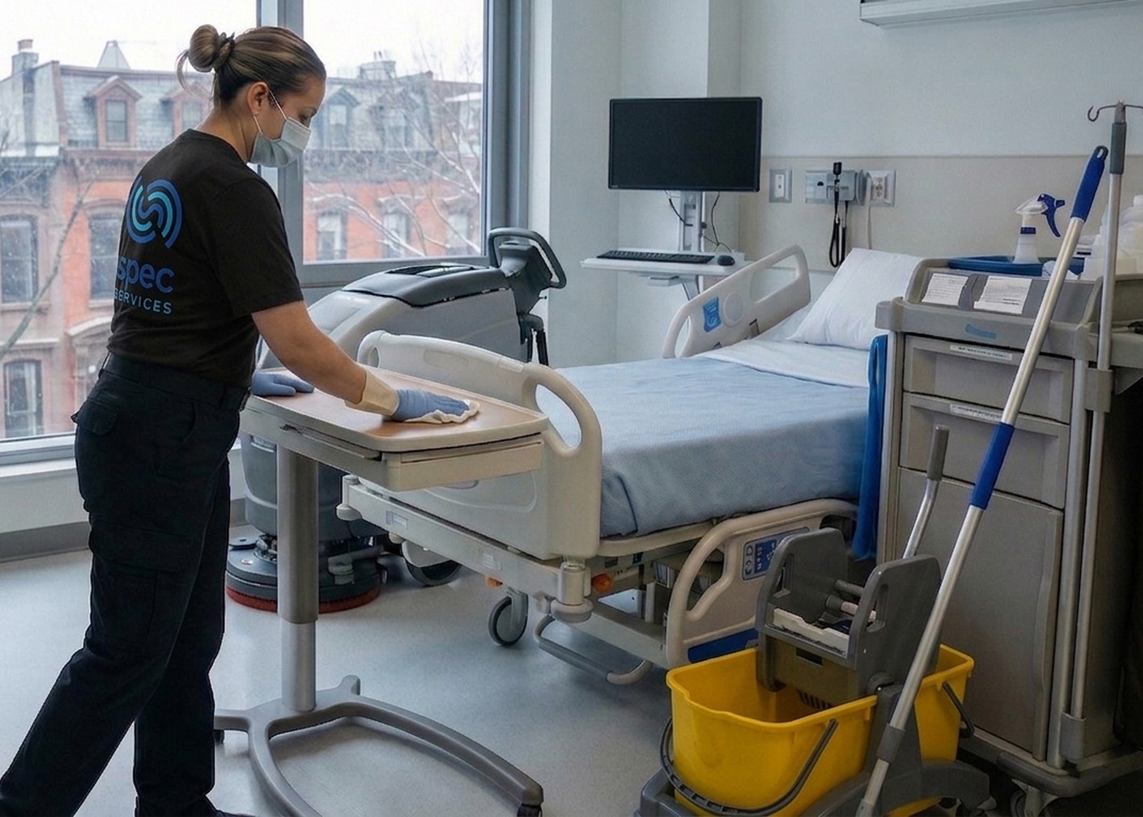 Cleaning a hospital patient room to infection prevention standard