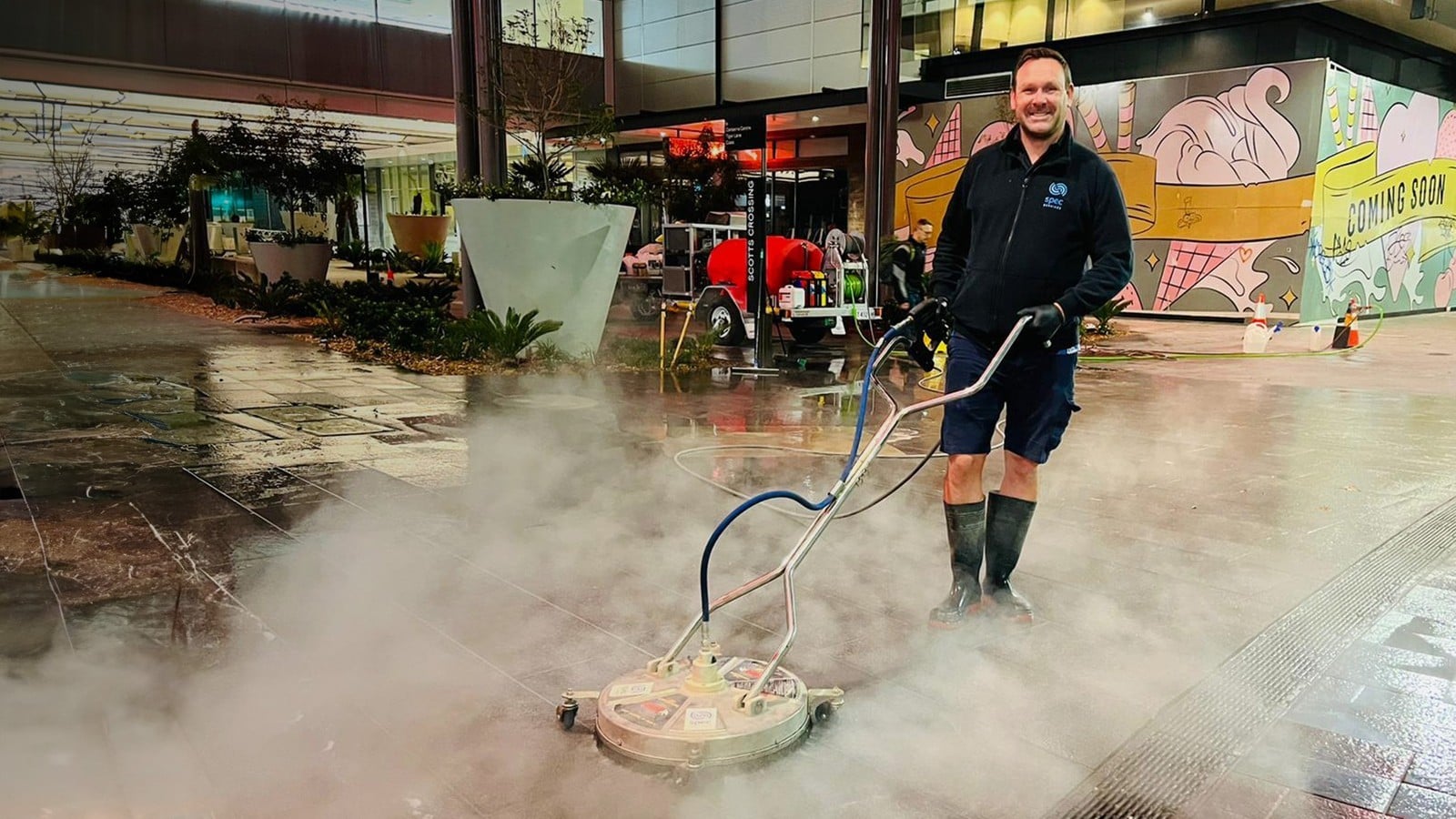 Steam cleaning in action on an industrial cleaning task