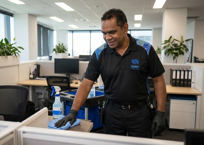 Spec Services cleaner wiping a workstation in a Canberra office