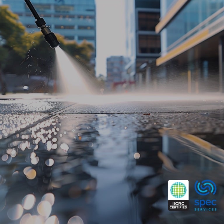 Pressure cleaning being carried out on an outdoor commercial surface