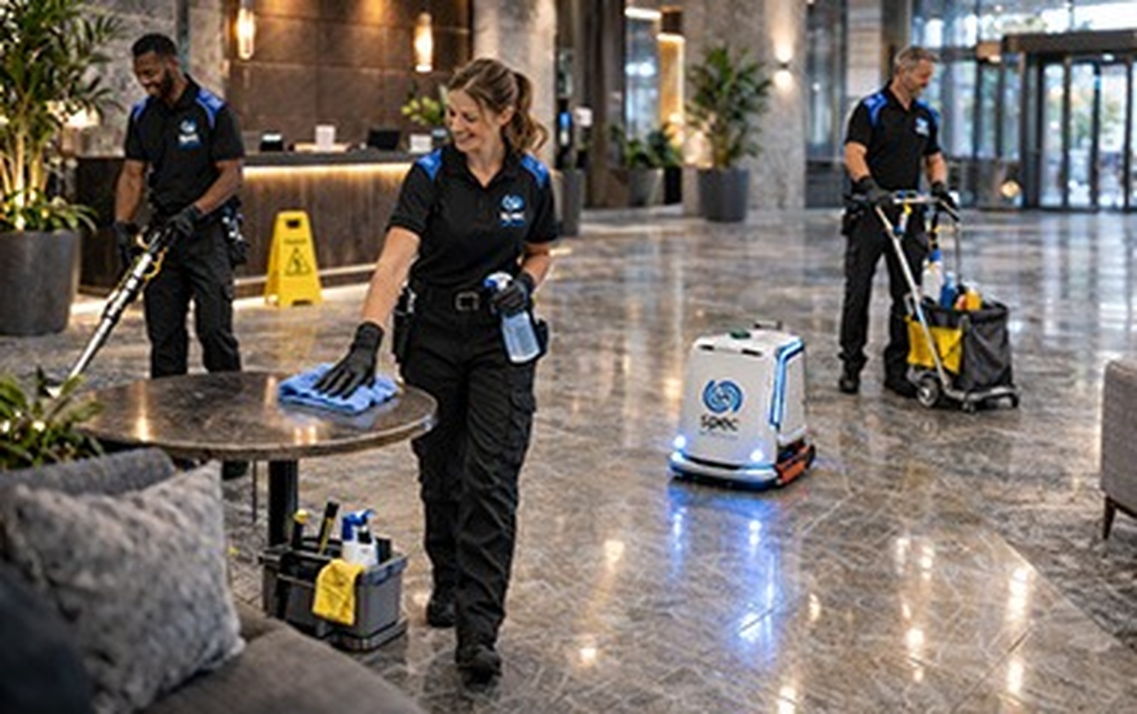 Professional cleaners servicing common areas in a strata building in Canberra