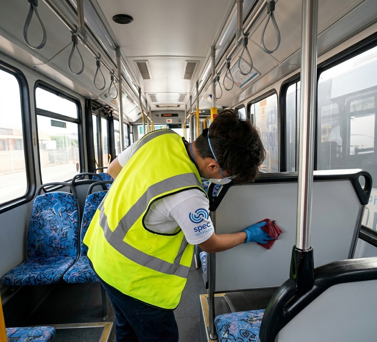Cleaning the interior of a public transport bus