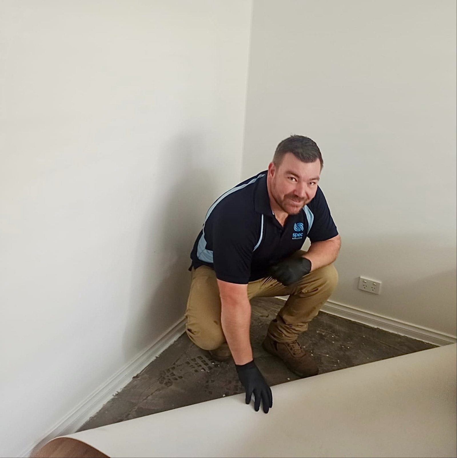 Commercial floor drying and cleaning setup for water damage restoration